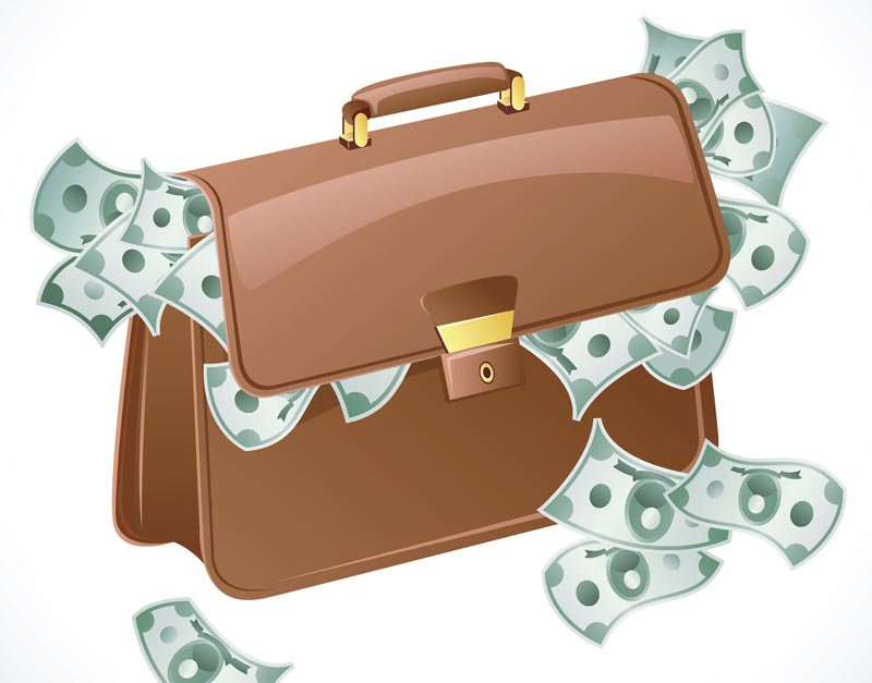 Illustration of suitcase overflowing with cash