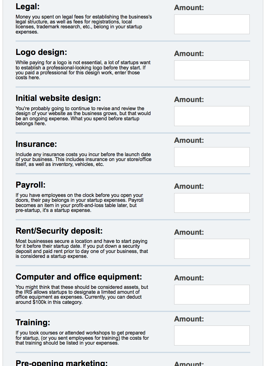 Calculate startup costs