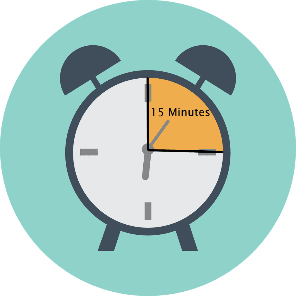 Alarm clock illustration with fifteen minutes in orange