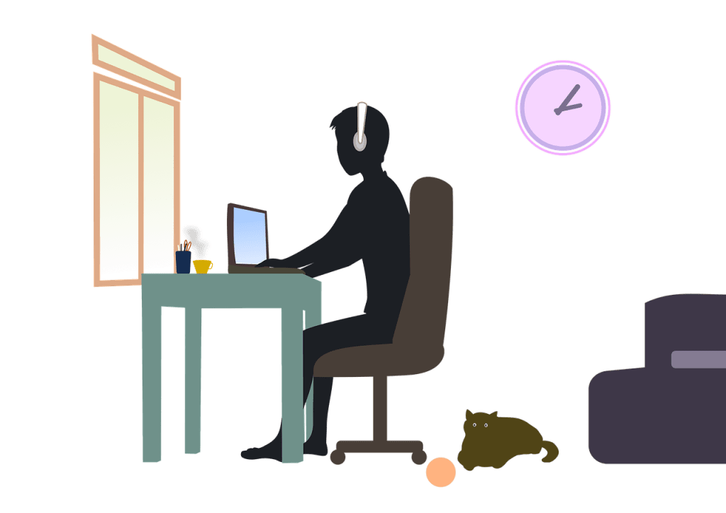 Illustration of man with headphones at desk