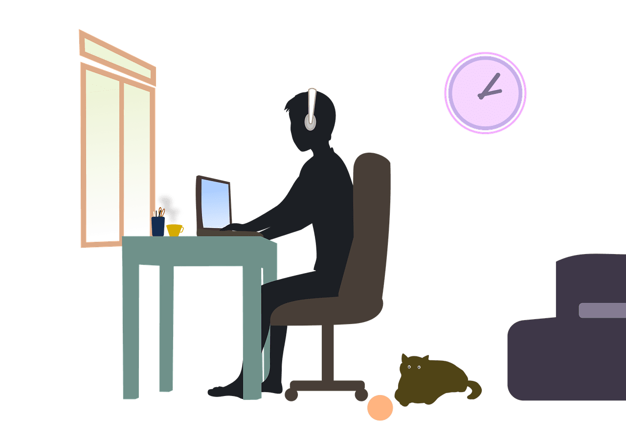 Illustration of man with headphones at desk
