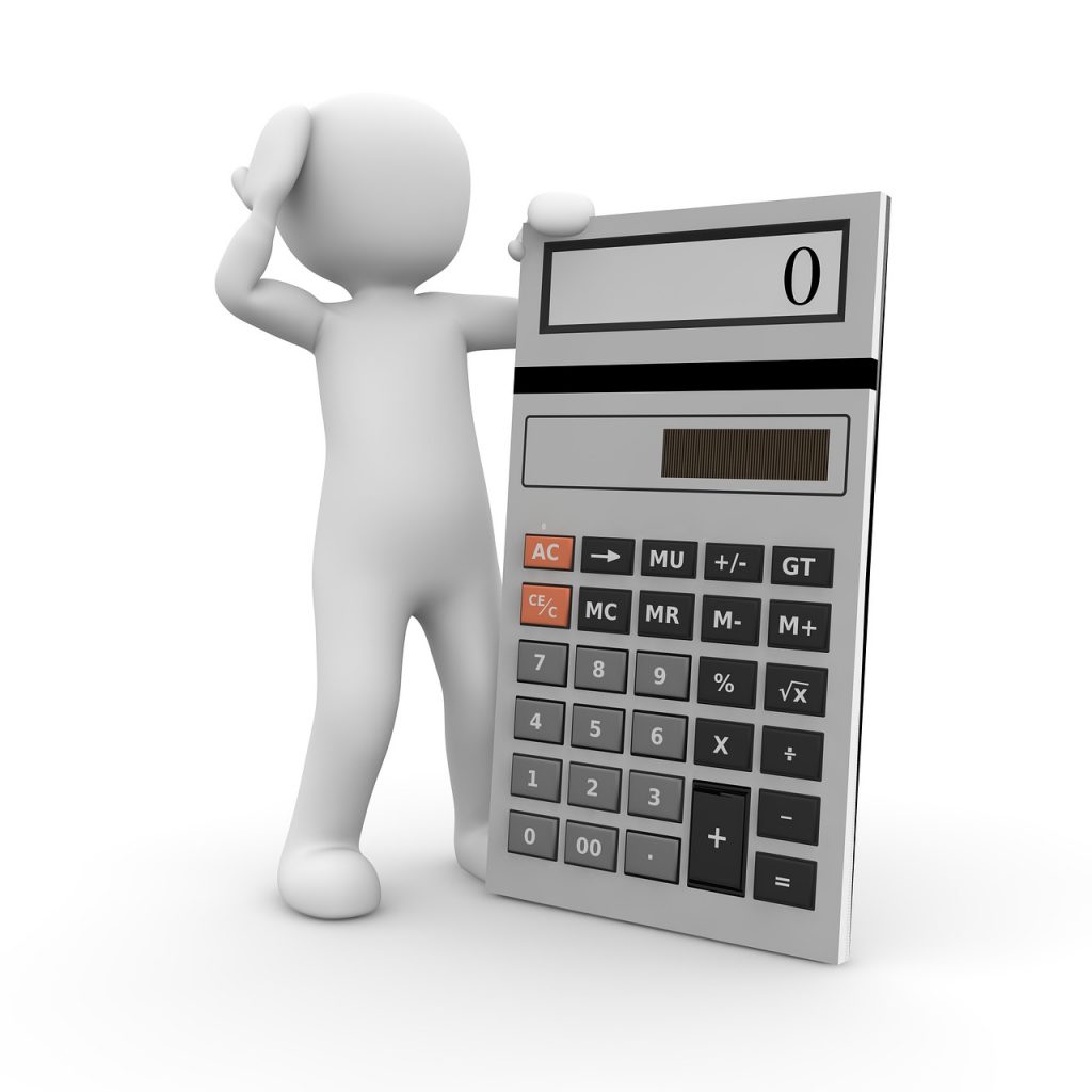 A cartoon person leaning against a calculator