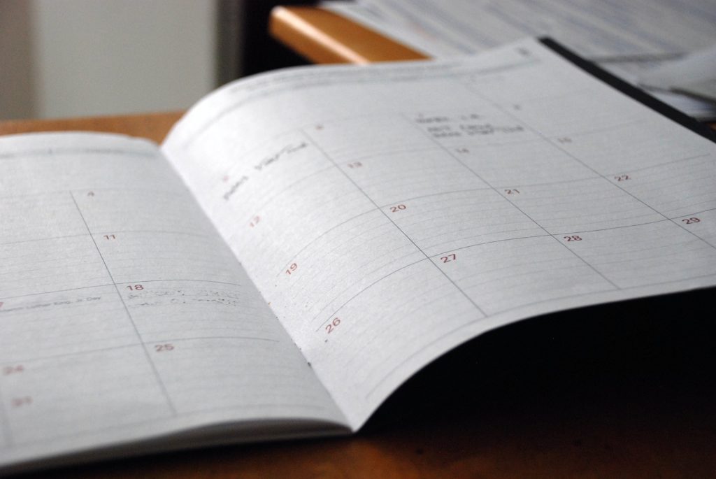 A calendar and schedule