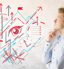 An art with an eye, clock, timesheets, and graphs, and a guy deeply thinking on the side