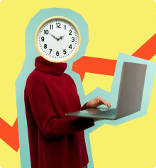 A human-like body with a clock head navigating a laptop