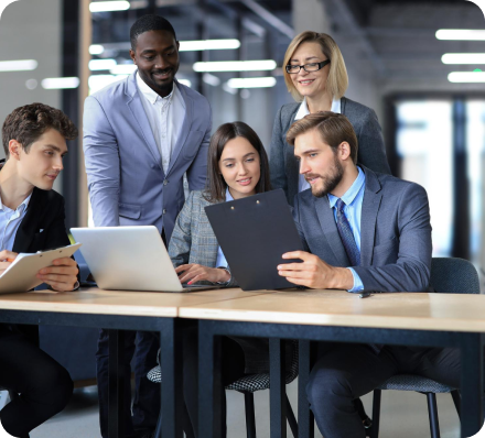 Employees gathered together and discussing about a project