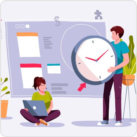 An icon representation of a man holding a clock and a girl watching