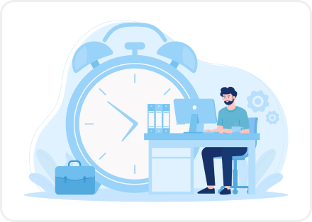 An icon representation with a man working on his desk with a big clock