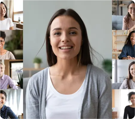 A vibrant collage featuring smiling young women, showcasing diverse expressions of joy and friendship.