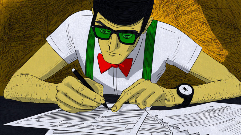 Man filling out tax forms at a desk while calculating qualified overtime tax deductions